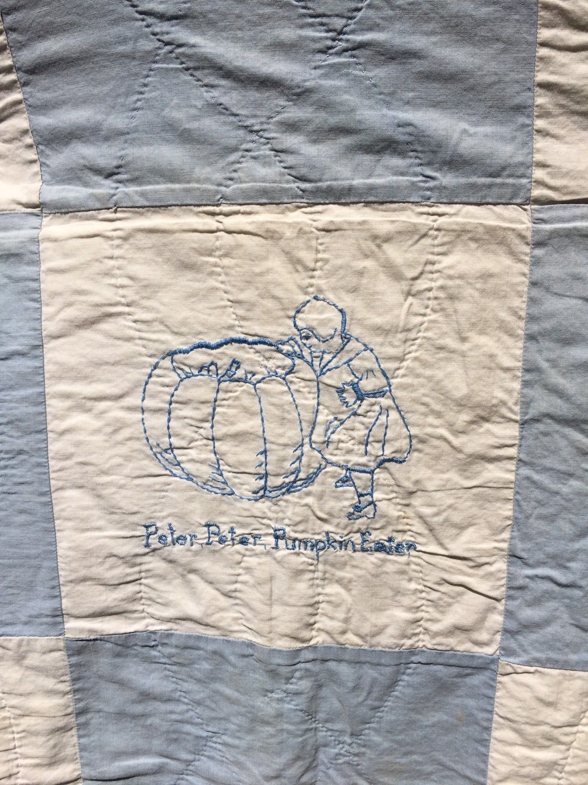 Antique Blue & White CHILD'S Hand Quilted Nursery Rhyme Quilt 1800s