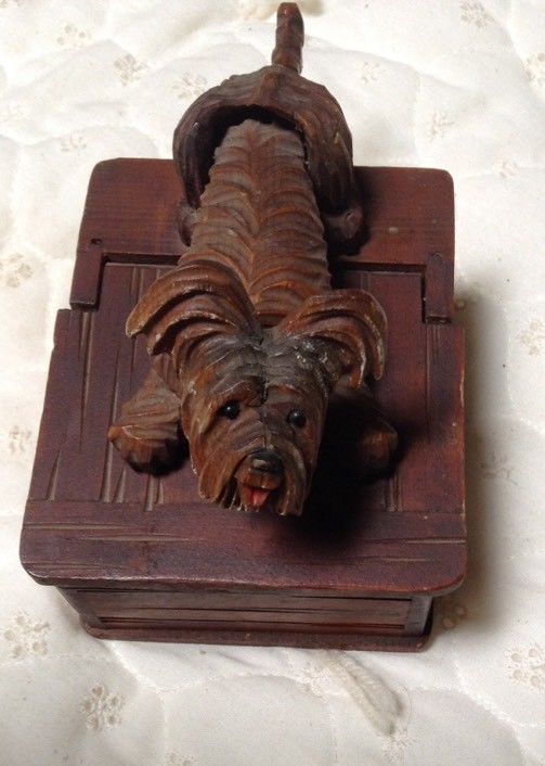 Antique Wood Hand Carved Dog Trinket Mechanical Wood Box