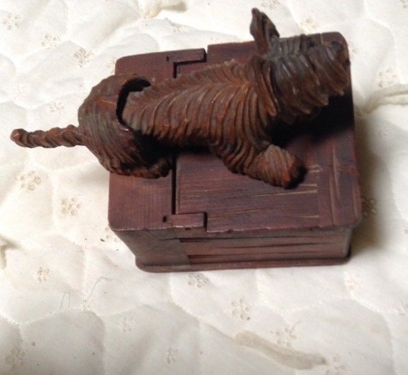 Antique Wood Hand Carved Dog Trinket Mechanical Wood Box