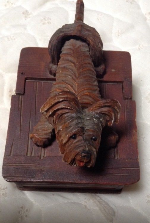 Antique Wood Hand Carved Dog Trinket Mechanical Wood Box