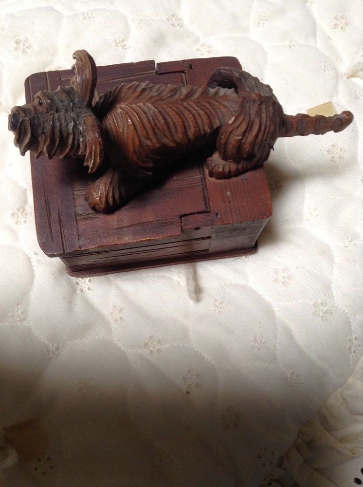 Antique Wood Hand Carved Dog Trinket Mechanical Wood Box