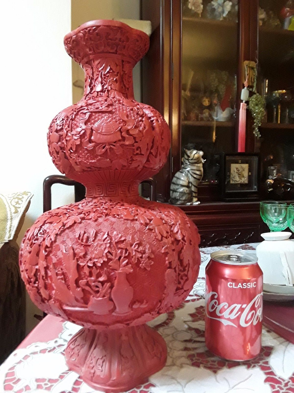 cinnabar huge chinese carved red laquer vase, unusial shape