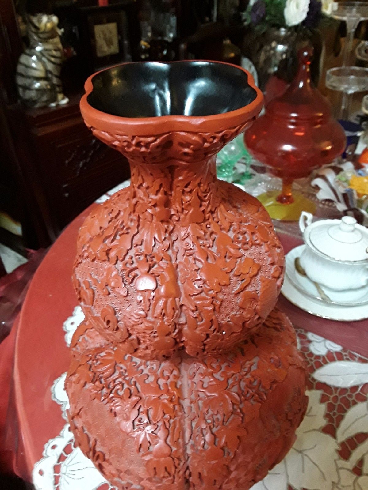 cinnabar huge chinese carved red laquer vase, unusial shape