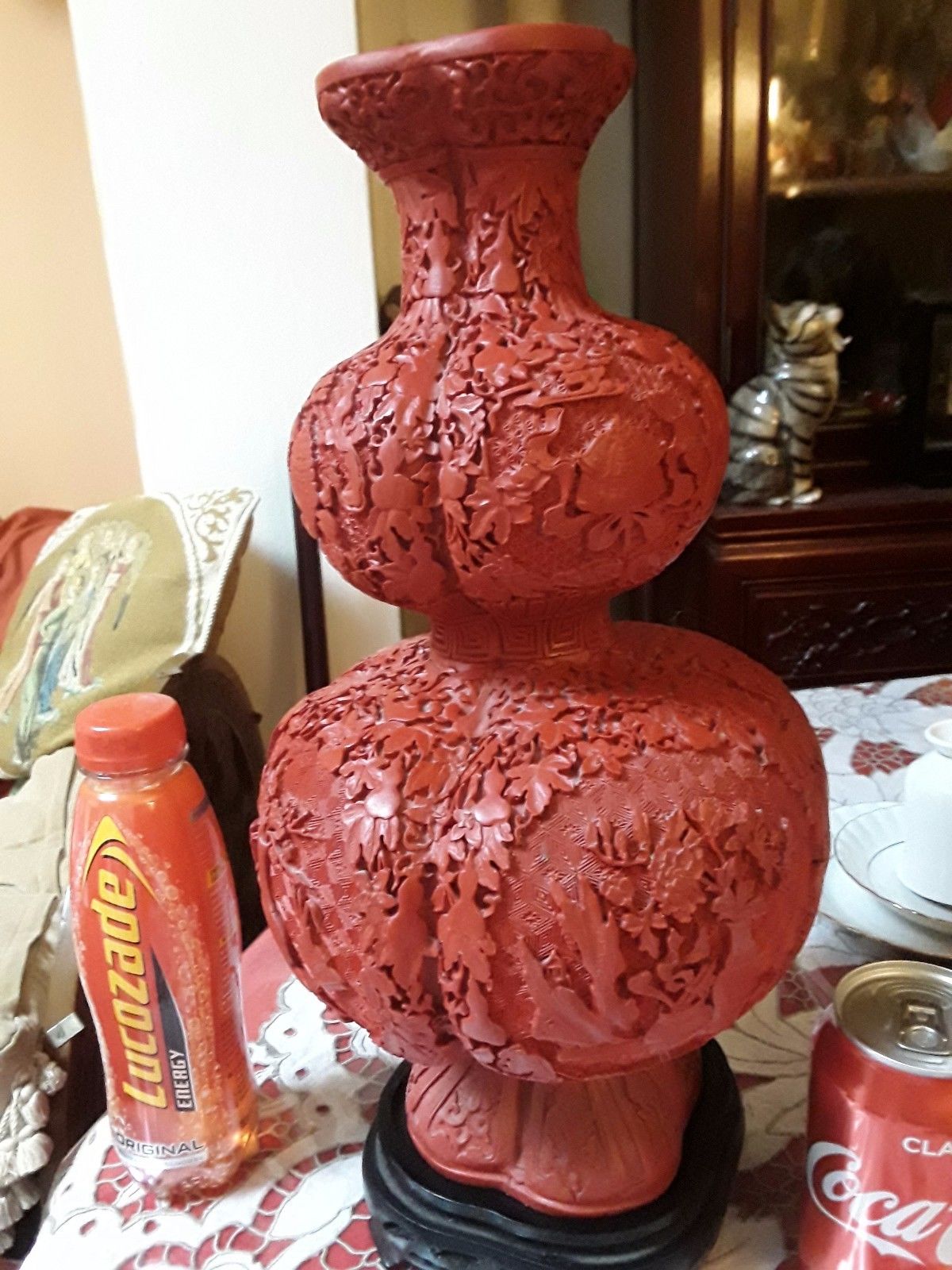 cinnabar huge chinese carved red laquer vase, unusial shape