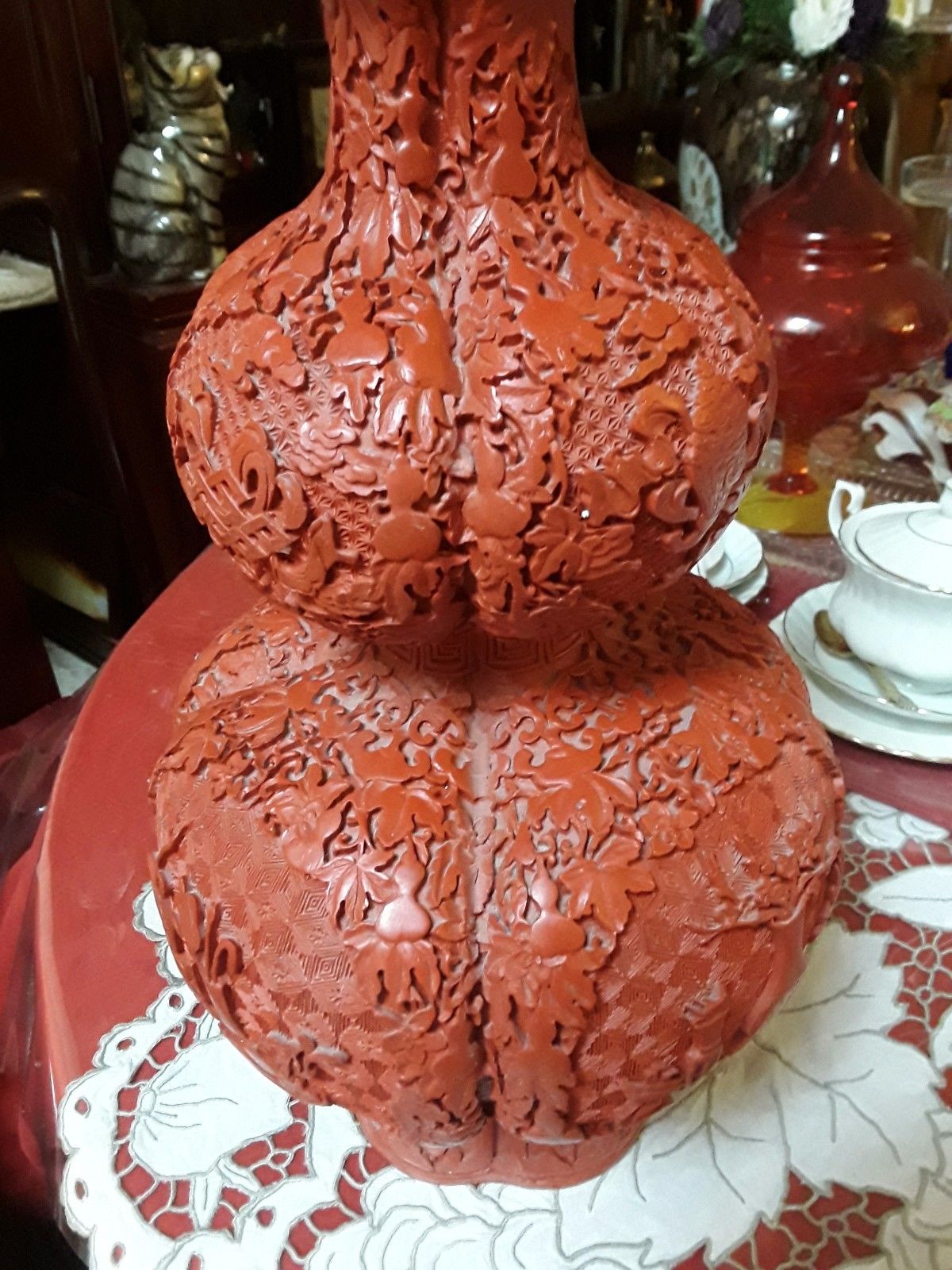 cinnabar huge chinese carved red laquer vase, unusial shape