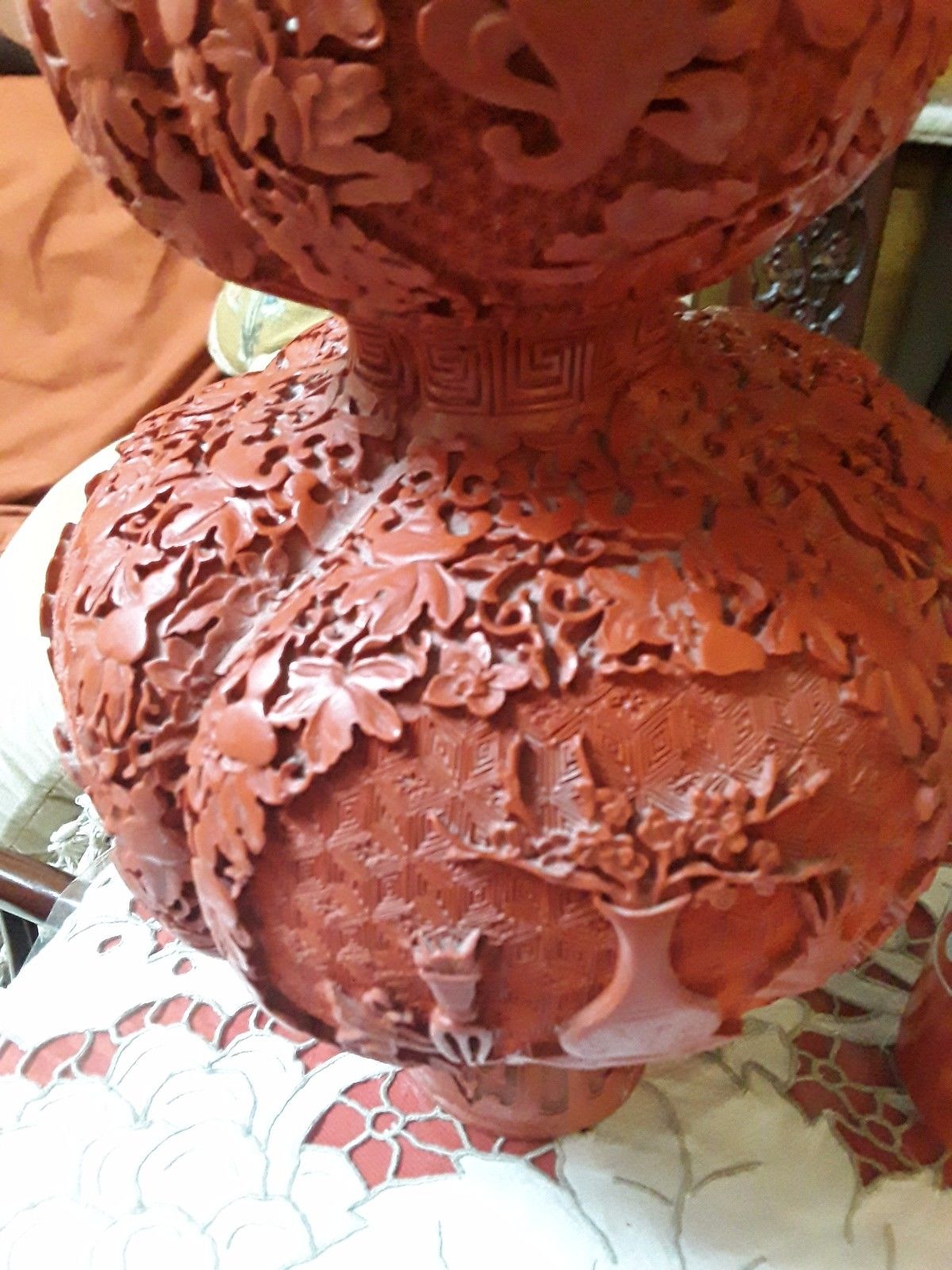 cinnabar huge chinese carved red laquer vase, unusial shape