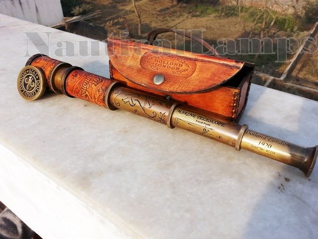 ANTIQUE BRASS TELESCOPE MARINE NAUTICAL LEATHER PIRATE SPYGLASS VINTAGE SCOPE