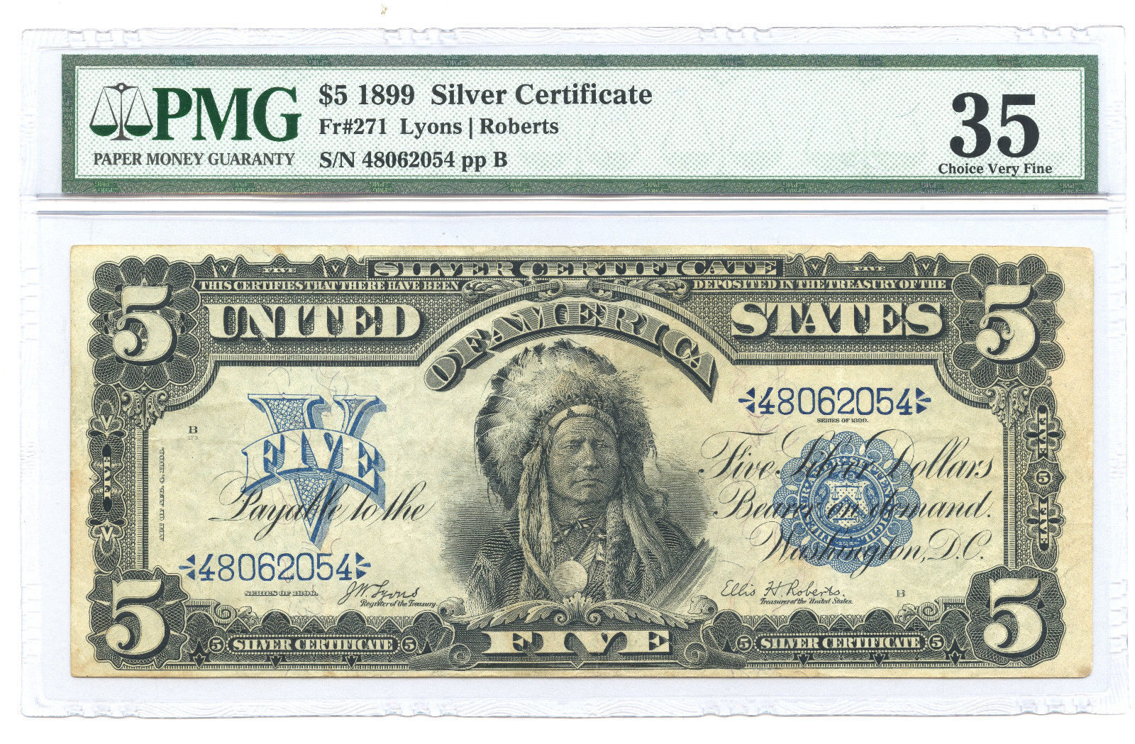 1899 $5 Indian Chief Large Size Silver Certificate FR #271 PMG VF 35