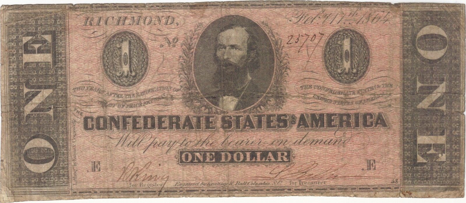 1864 $1 ONE DOLLAR CONFEDERATE CURRENCY BANKNOTE NOTE MONEY BILL CASH CIVIL WAR