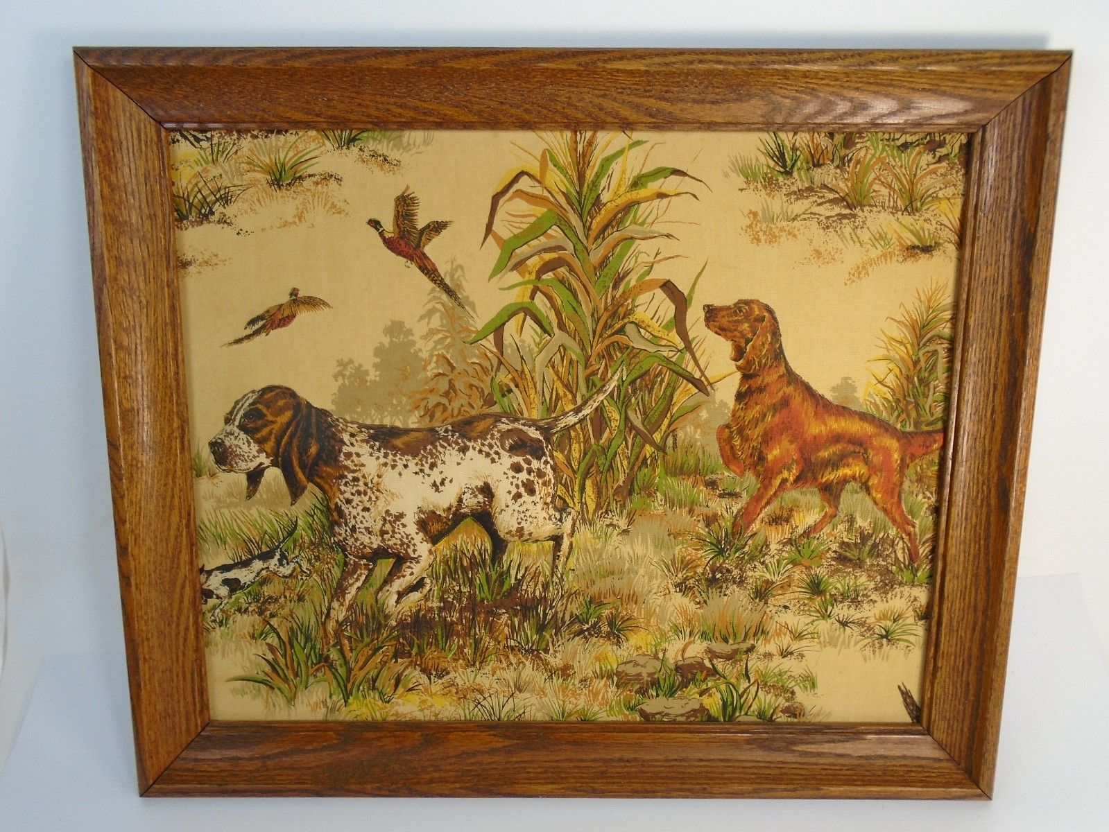 Vintage Unique Framed Puffy Picture Artwork Hunting Dogs 3D Trapunto Quilted