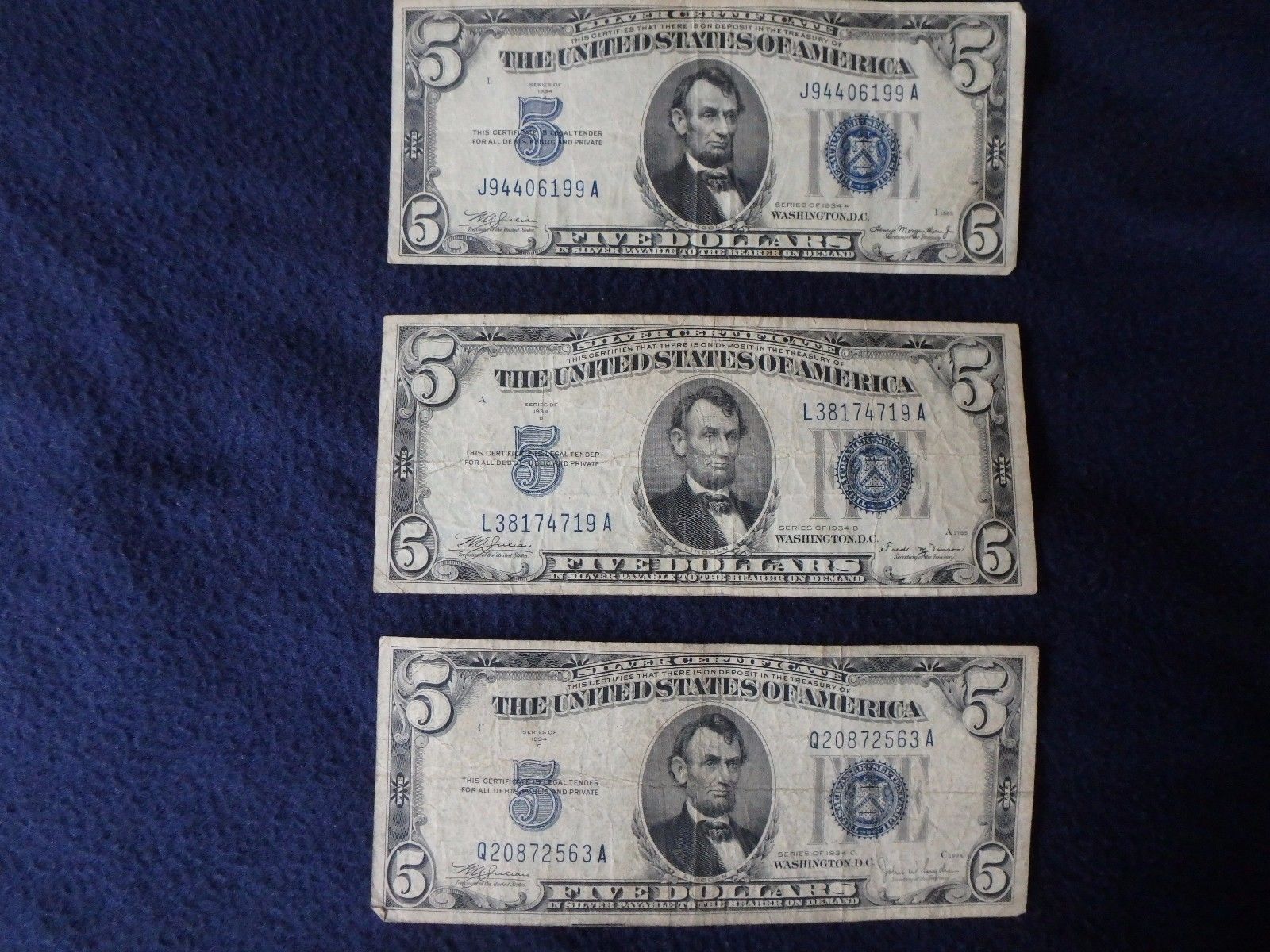 THREE 1934 SERIES A,B,C, FIVE DOLLAR SILVER CERTIFICATES