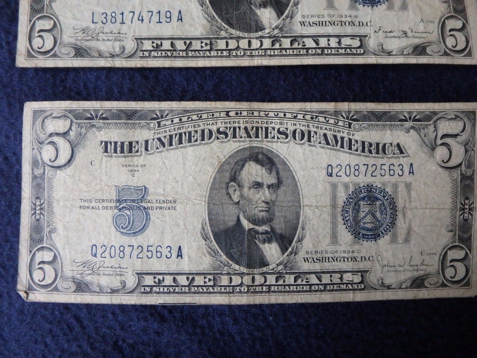 THREE 1934 SERIES A,B,C, FIVE DOLLAR SILVER CERTIFICATES