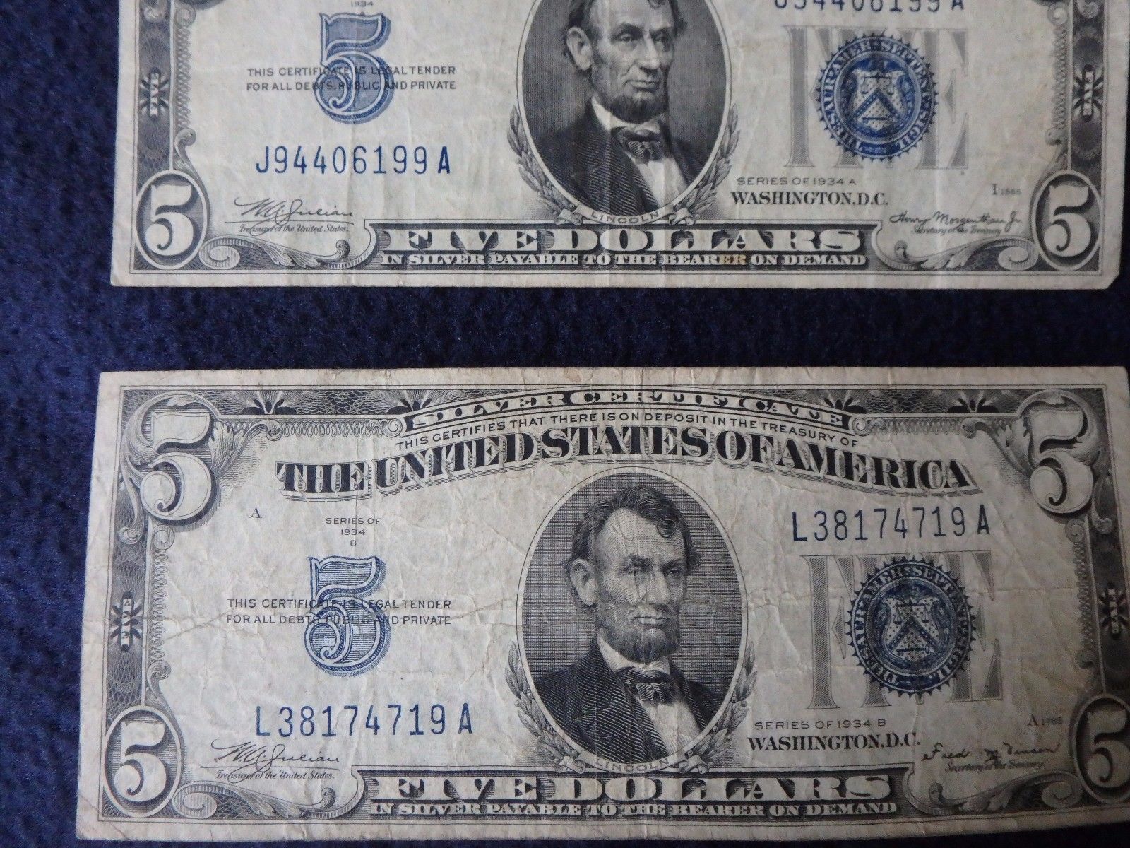 THREE 1934 SERIES A,B,C, FIVE DOLLAR SILVER CERTIFICATES