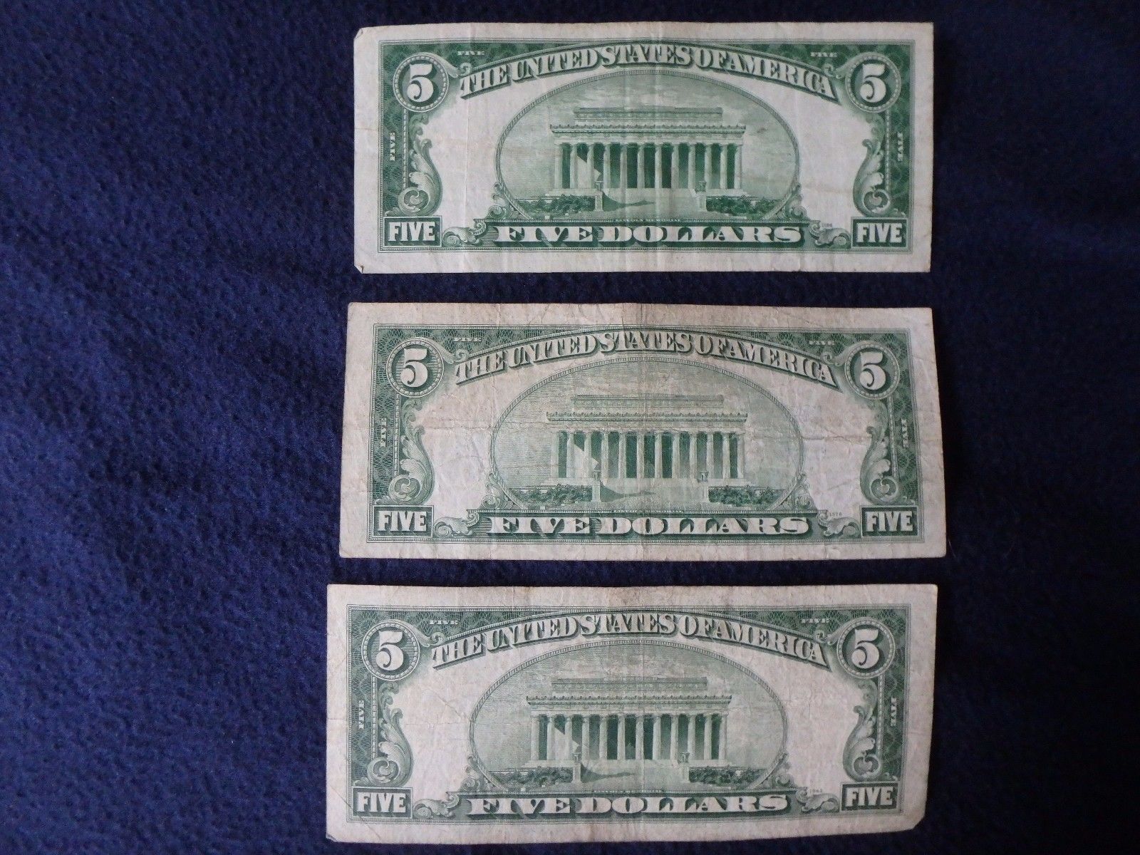 THREE 1934 SERIES A,B,C, FIVE DOLLAR SILVER CERTIFICATES