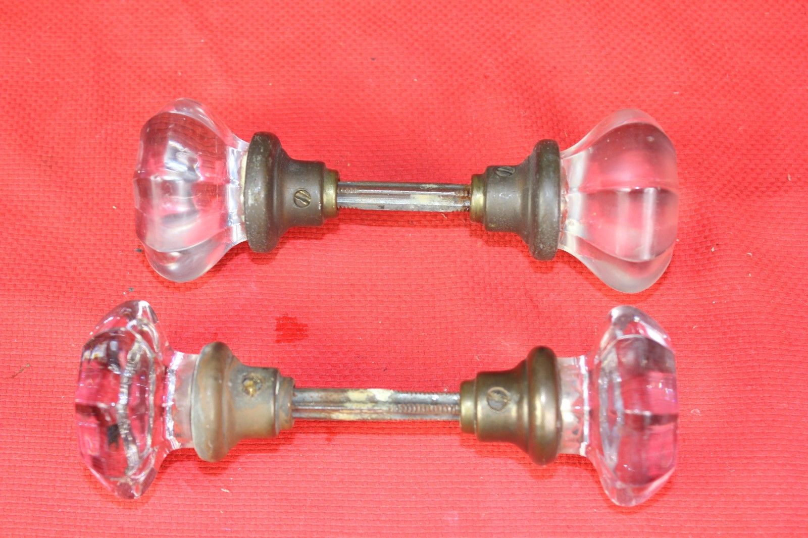 VINTAGE  8 POINT GLASS & BRASS DOOR KNOBS WITH SPINDLE