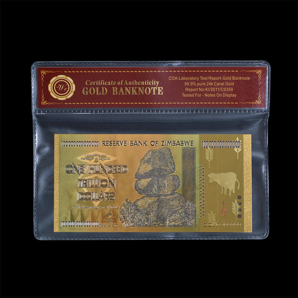 WR Zimbabwe 100 Trillion Dollars Banknote Color Gold Bill Nice Derail In Sleeve