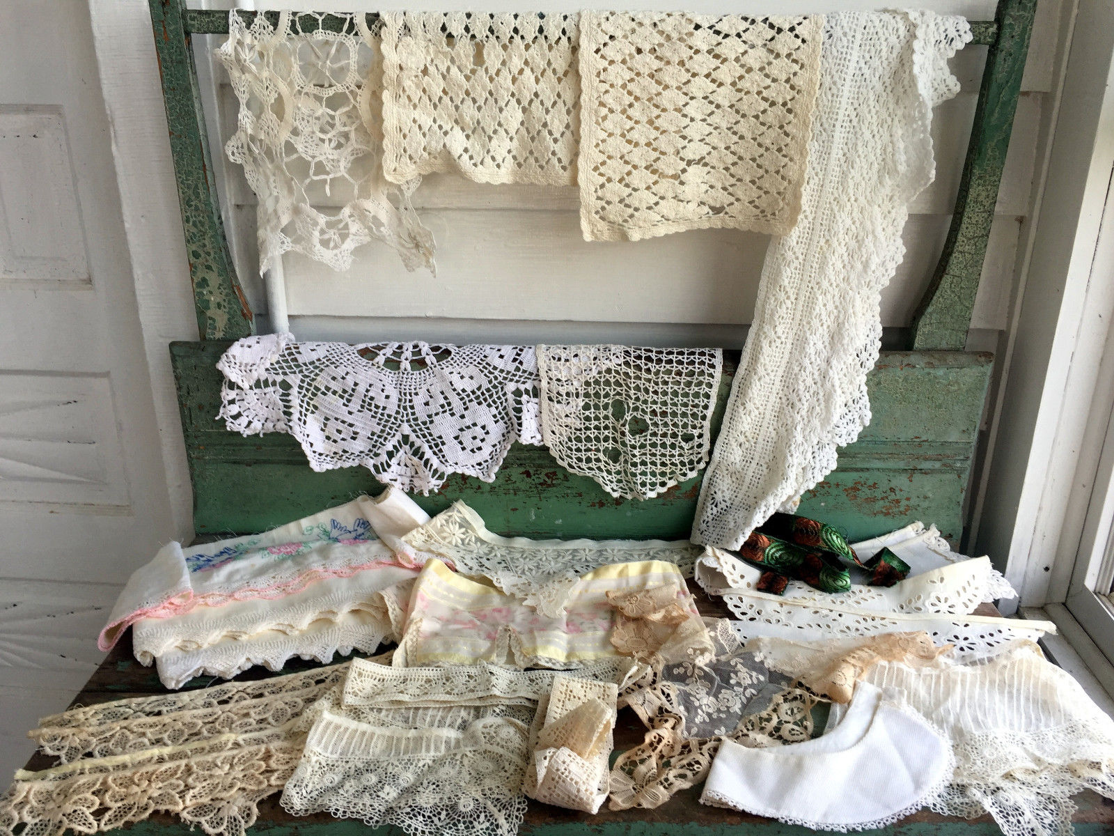 Vintage antique Large Lot crochet and lace trims doily and collars
