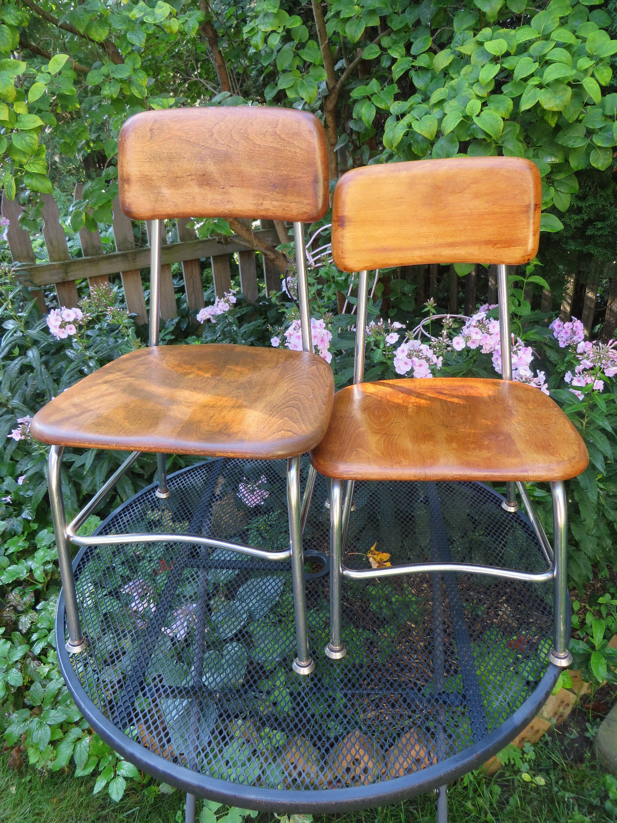 2 Mid Century Heywood Wakefield School Chair Wood w/ Chrome Legs Vtg Retr Pairo
