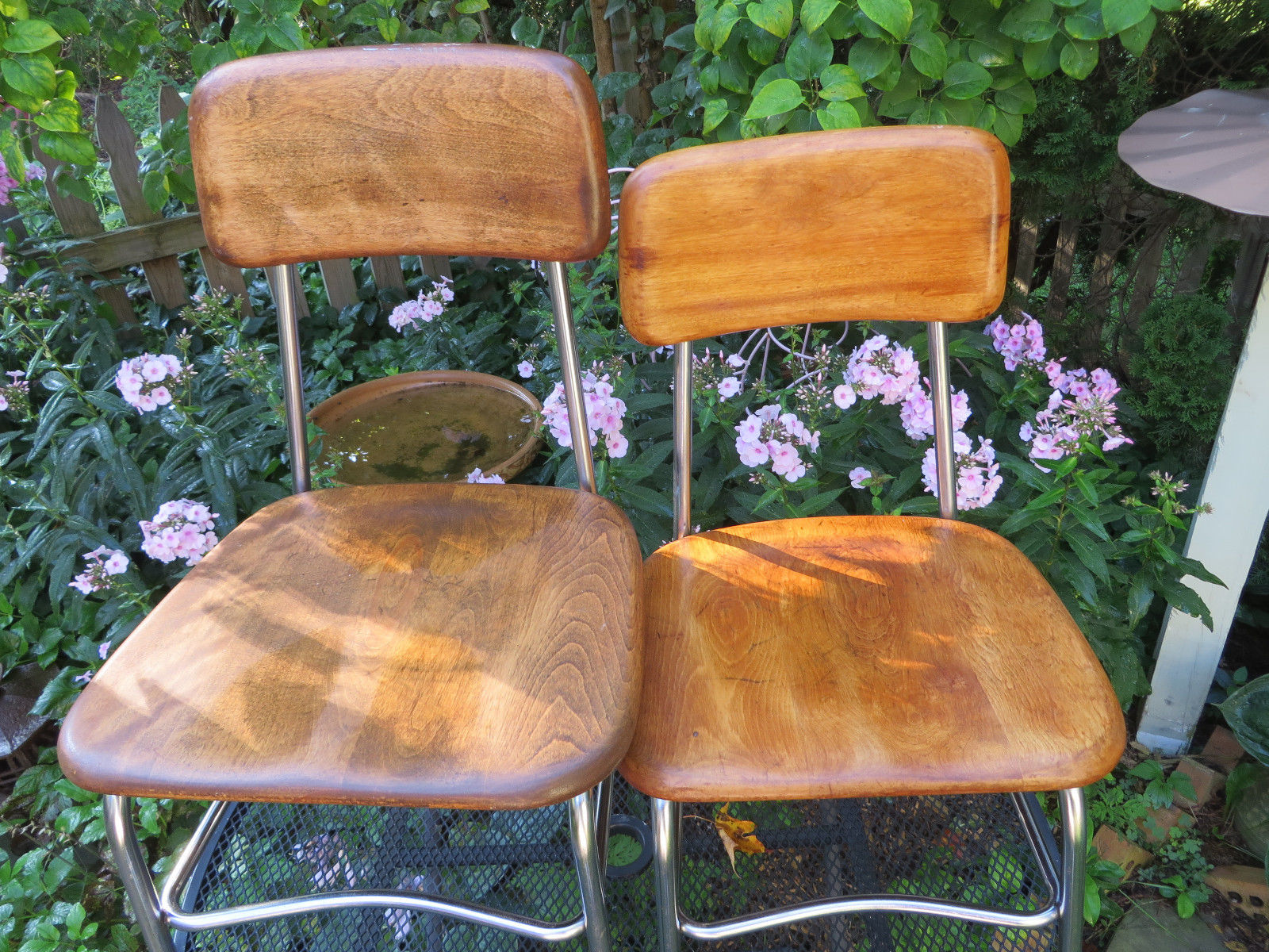 2 Mid Century Heywood Wakefield School Chair Wood w/ Chrome Legs Vtg Retr Pairo