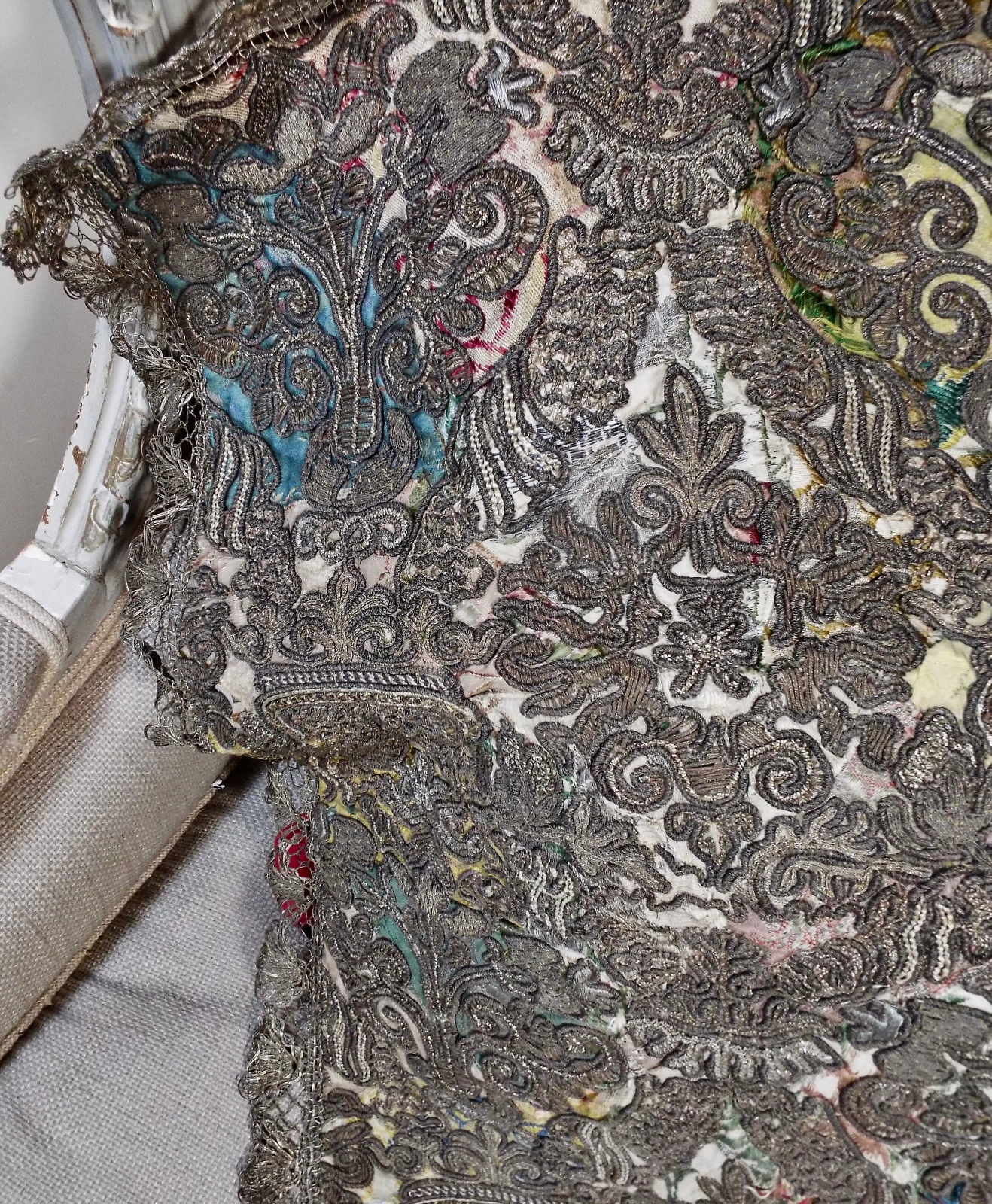 18th Century Italian Gold Silver Metallic Embroidery on Silk