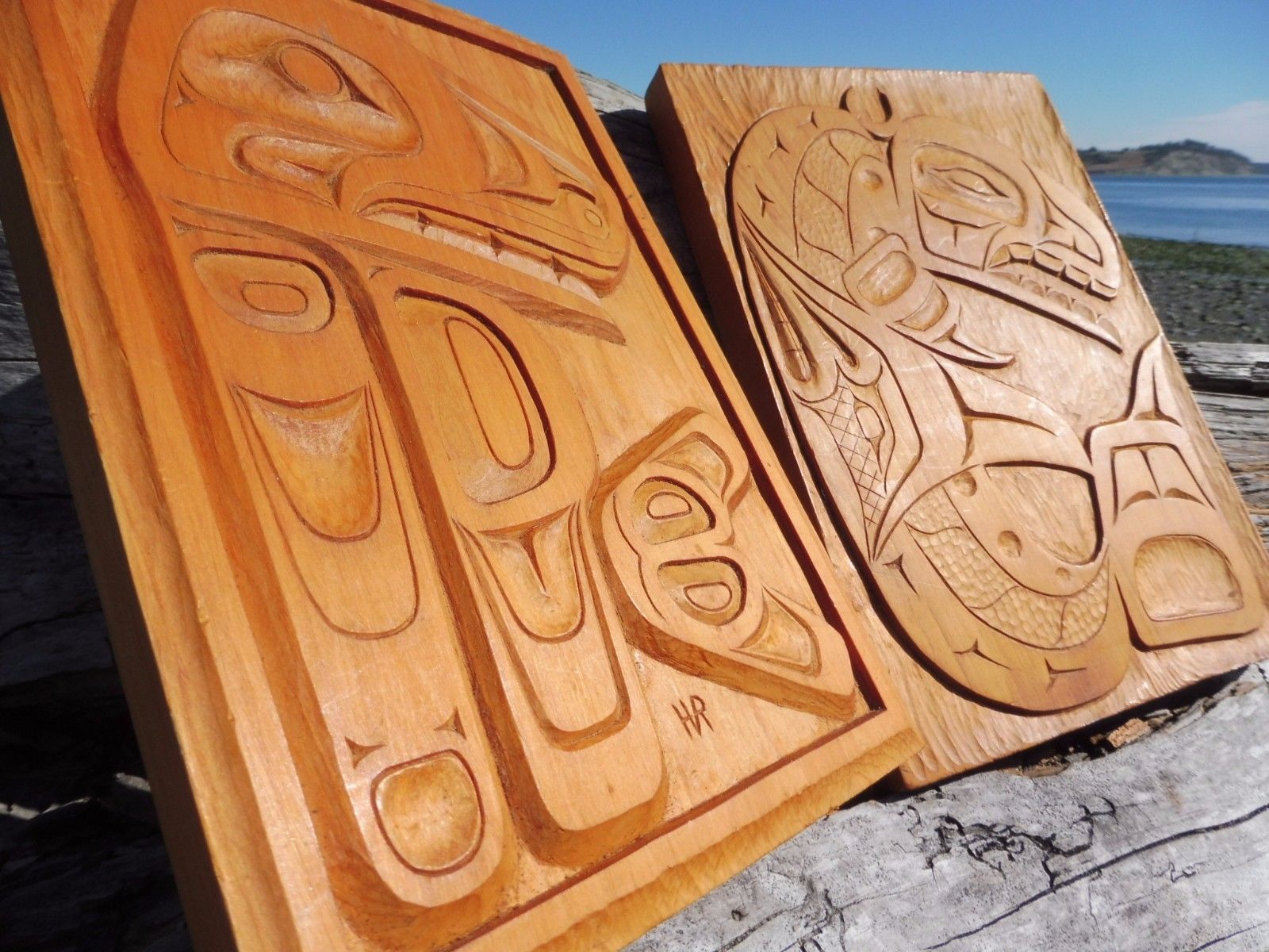Northwest Coast First Nations native PAIR of wooden Art carvings: Whale's