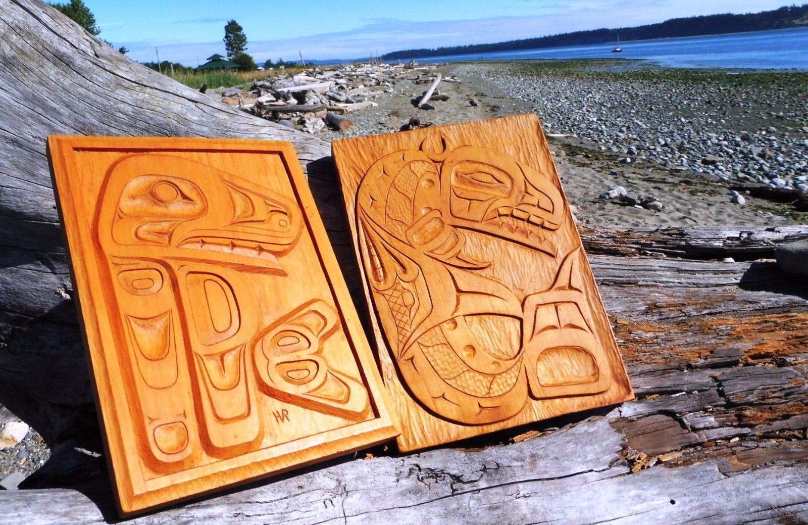 Northwest Coast First Nations native PAIR of wooden Art carvings: Whale's