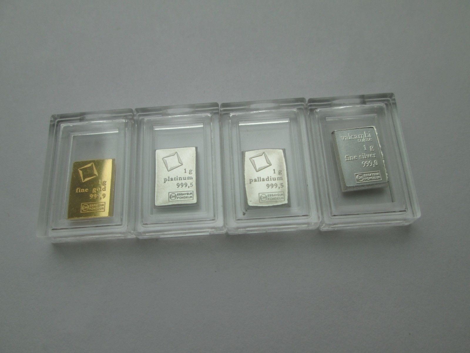 1 Gram .9999 Gold,.999 Silver,.9995 Platinum,.9995 Palladium Valcambi Suisse Bar