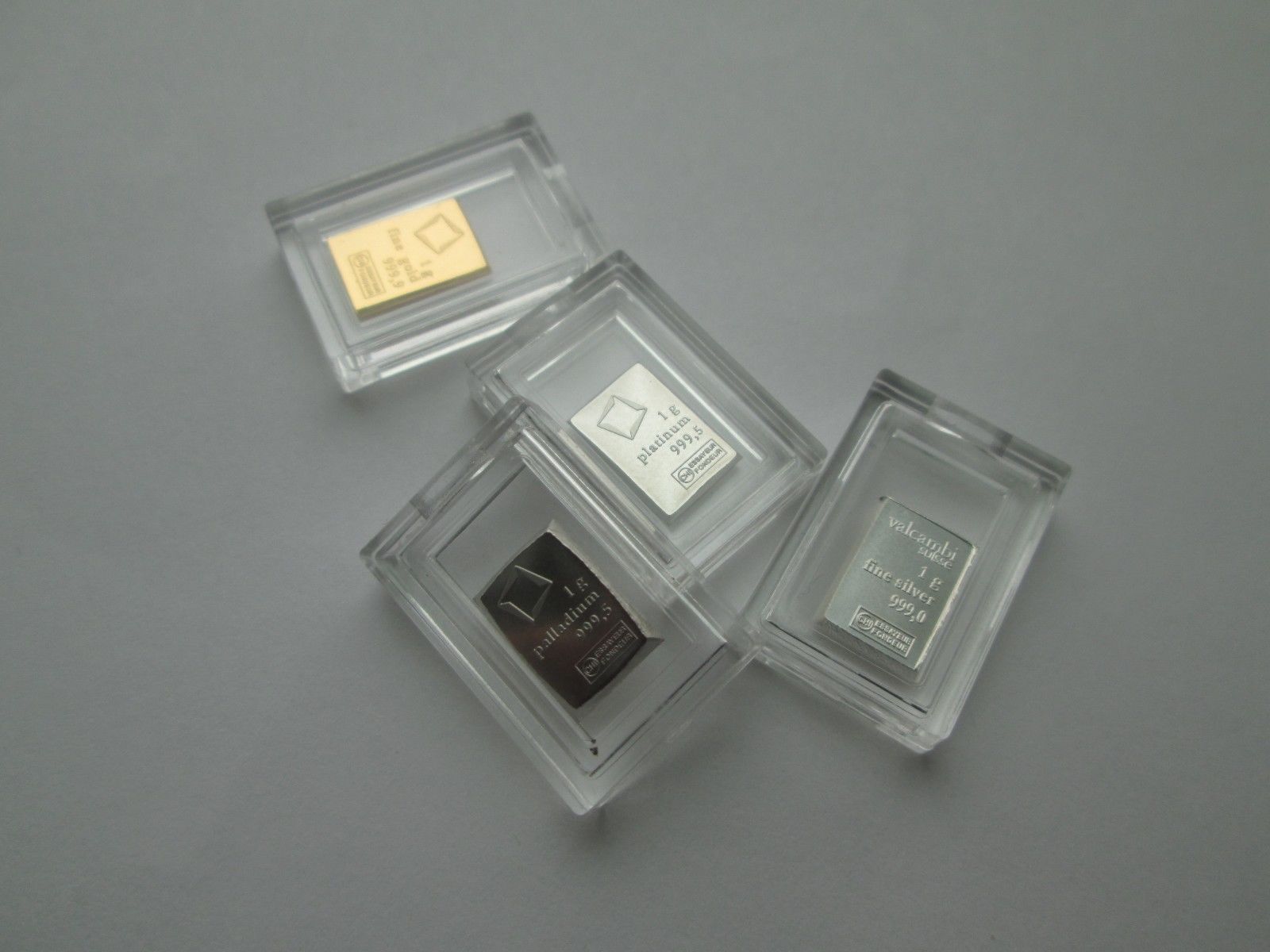 1 Gram .9999 Gold,.999 Silver,.9995 Platinum,.9995 Palladium Valcambi Suisse Bar