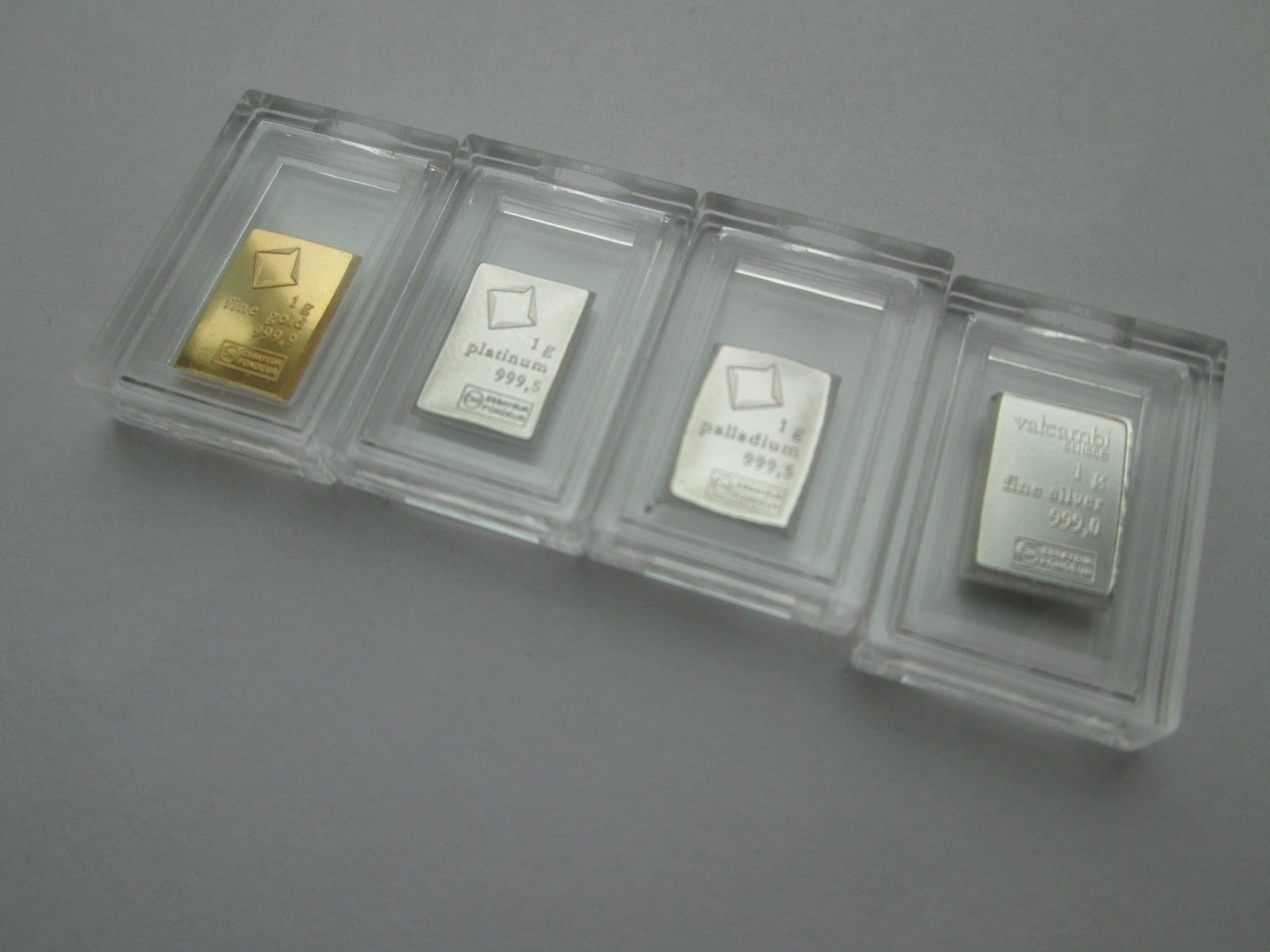 1 Gram .9999 Gold,.999 Silver,.9995 Platinum,.9995 Palladium Valcambi Suisse Bar