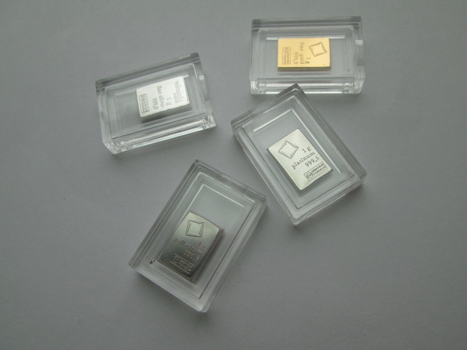 1 Gram .9999 Gold,.999 Silver,.9995 Platinum,.9995 Palladium Valcambi Suisse Bar