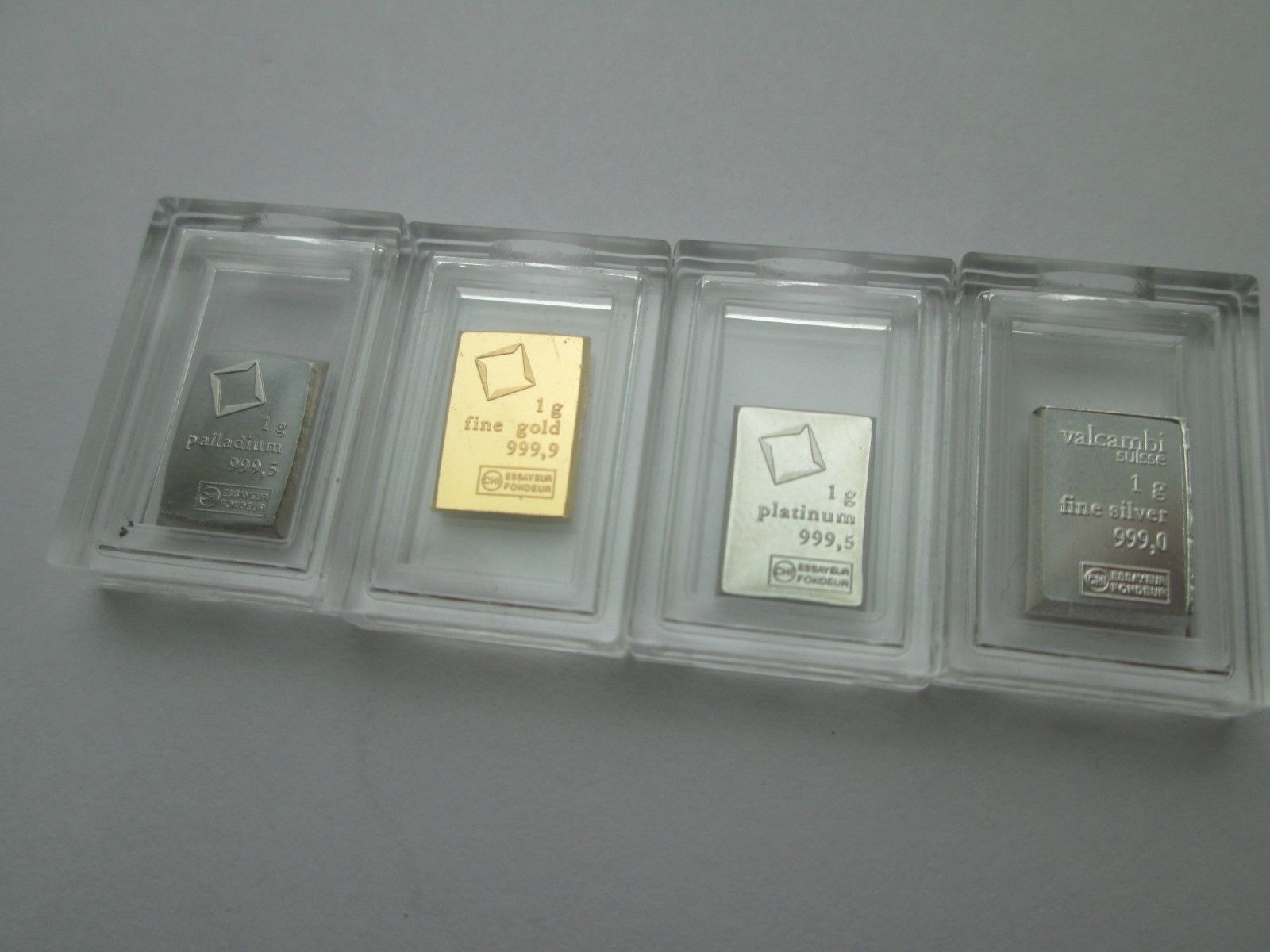 1 Gram .9999 Gold,.999 Silver,.9995 Platinum,.9995 Palladium Valcambi Suisse Bar