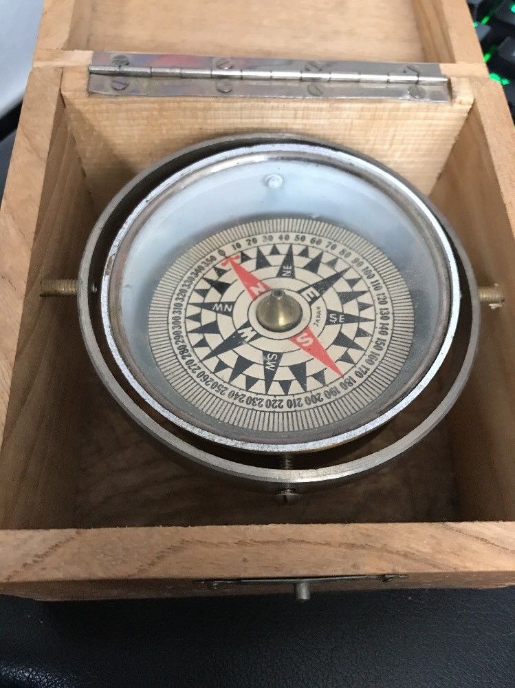 Antique Nautical Brass Ship Compass In Original Box Vintage Rare