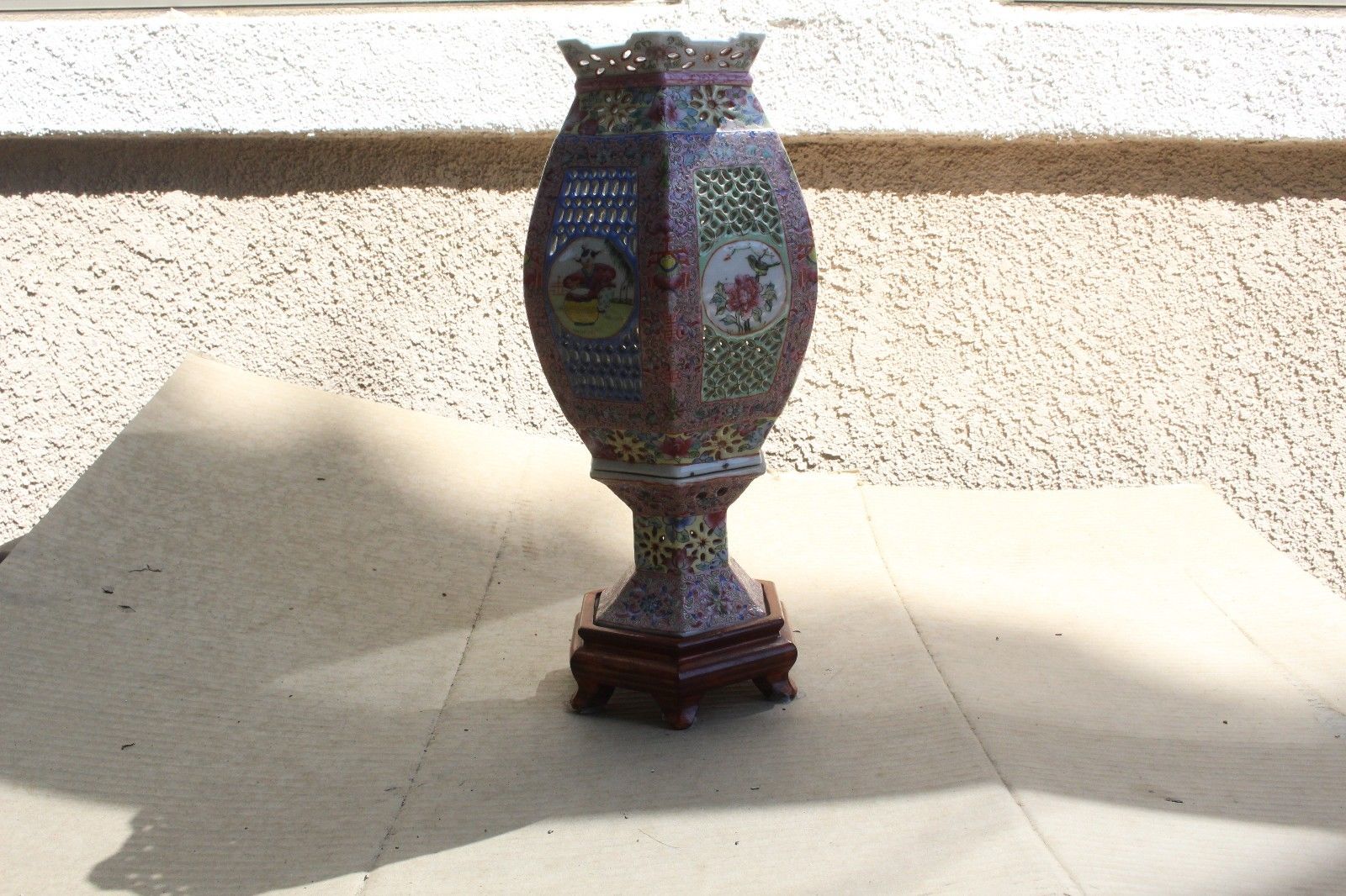 Antique Chinese hand painted porcelain hexagonal vase as a lamp