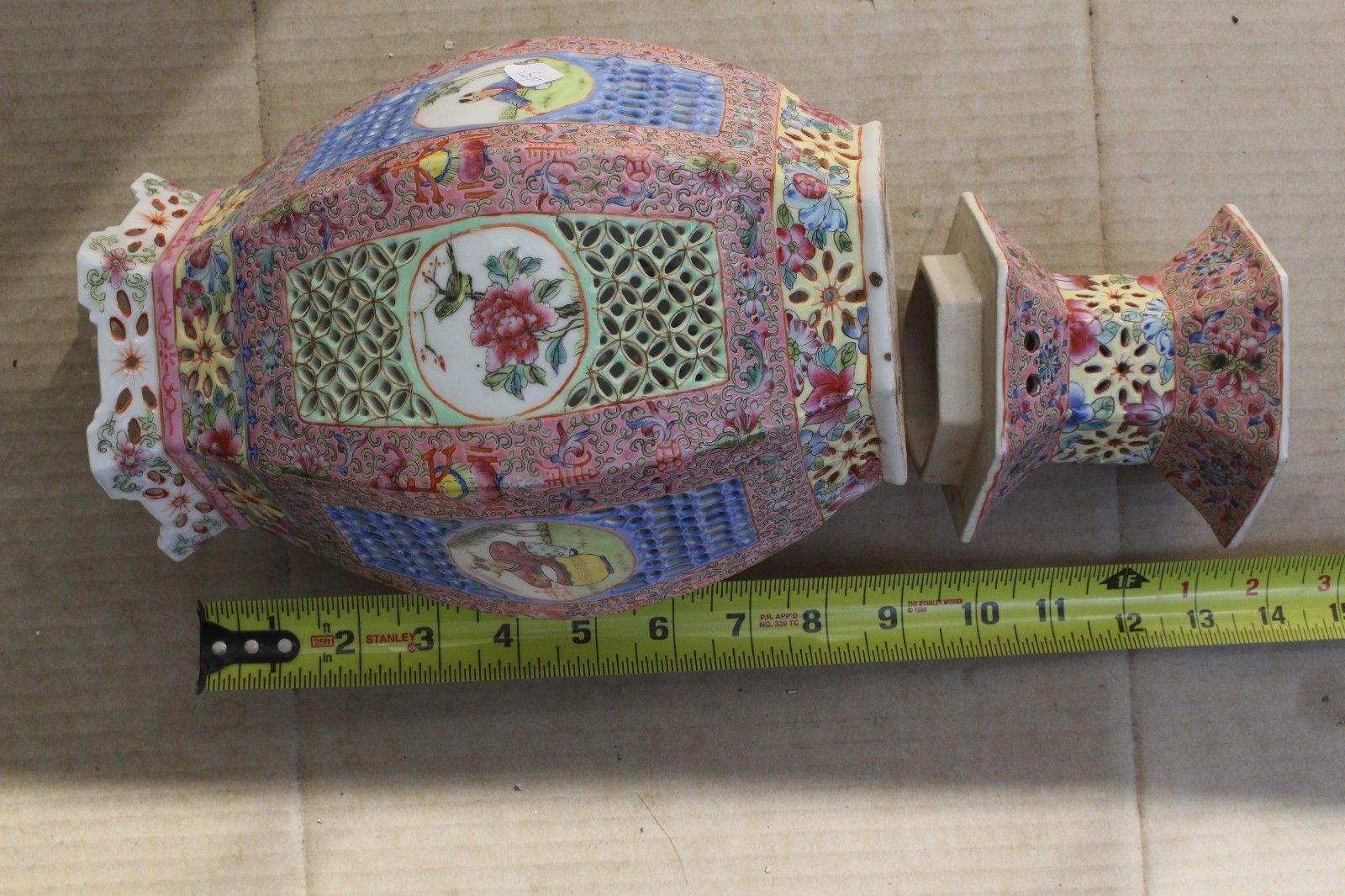 Antique Chinese hand painted porcelain hexagonal vase as a lamp