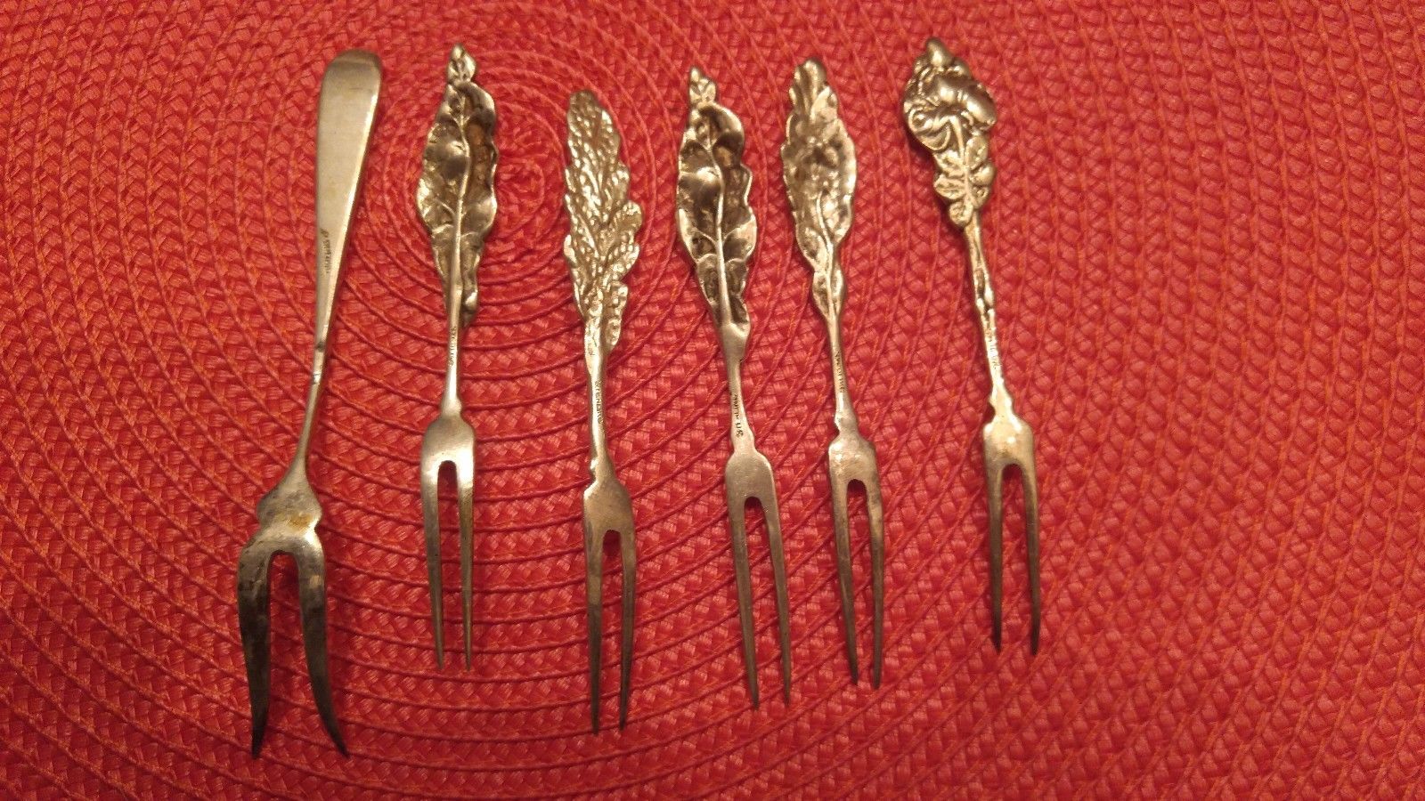 6 Antique Vintage Sterling Silver Repousse Flower Cocktail Forks