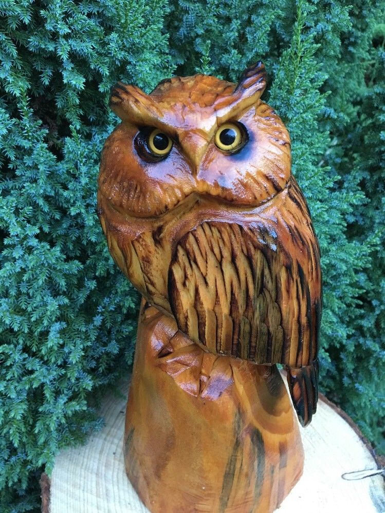 CHAINSAW CARVED HORNED OWL white pine WOOD CARVING STATUE RUSTIC LOG HOME DECOR
