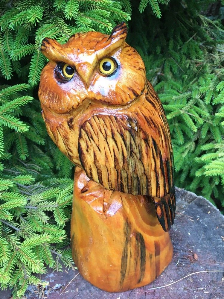 CHAINSAW CARVED HORNED OWL white pine WOOD CARVING STATUE RUSTIC LOG HOME DECOR