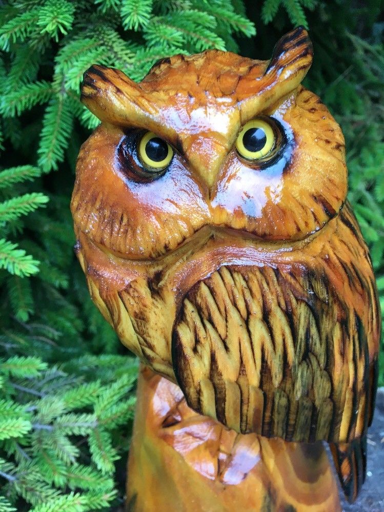 CHAINSAW CARVED HORNED OWL white pine WOOD CARVING STATUE RUSTIC LOG HOME DECOR