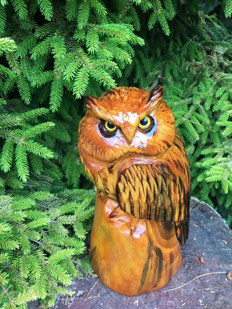 CHAINSAW CARVED HORNED OWL white pine WOOD CARVING STATUE RUSTIC LOG HOME DECOR