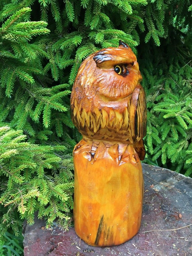 CHAINSAW CARVED HORNED OWL white pine WOOD CARVING STATUE RUSTIC LOG HOME DECOR