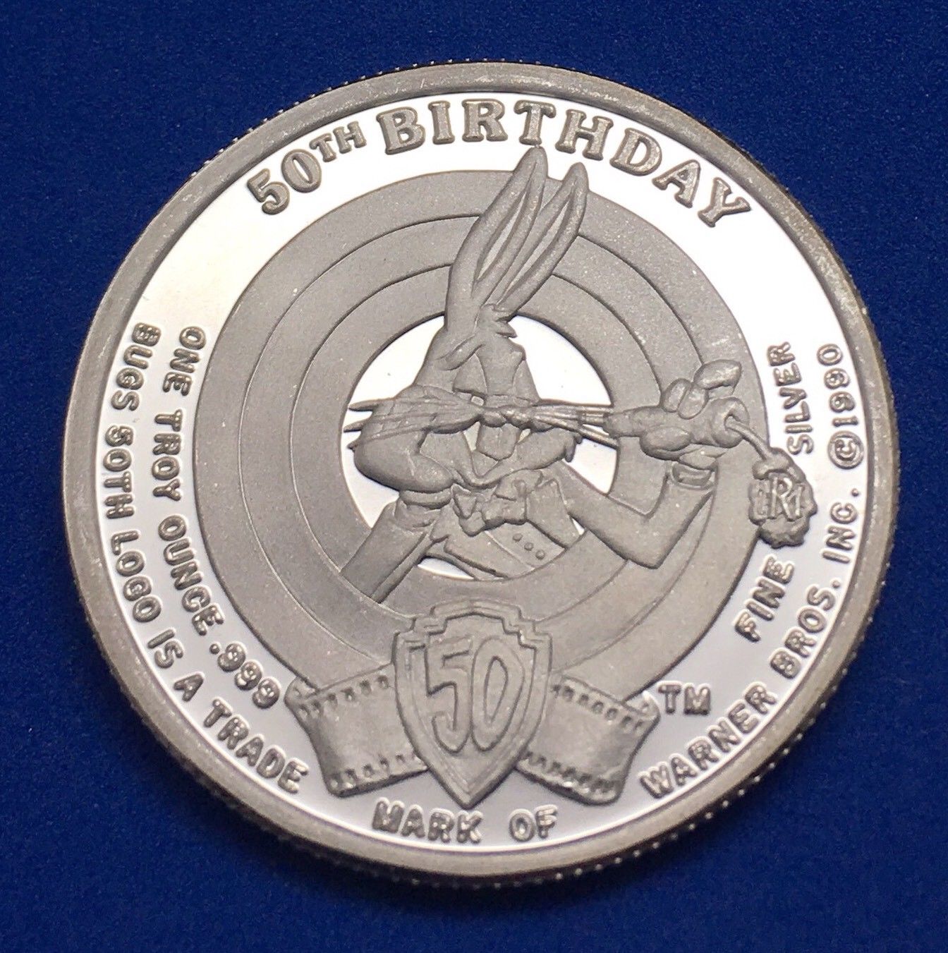 BUG BUNNY 50TH BIRTHDAY 1 OZ .999 FINE SILVER ART BAR /ROUND - RARE!