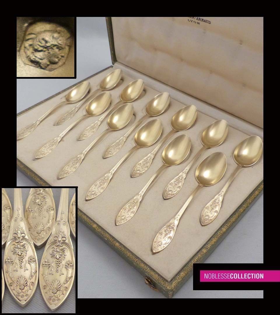ANTIQUE 1880s FRENCH STERLING SILVER 18k GOLD VERMEIL COFFEE SPOONS SET 12 pc