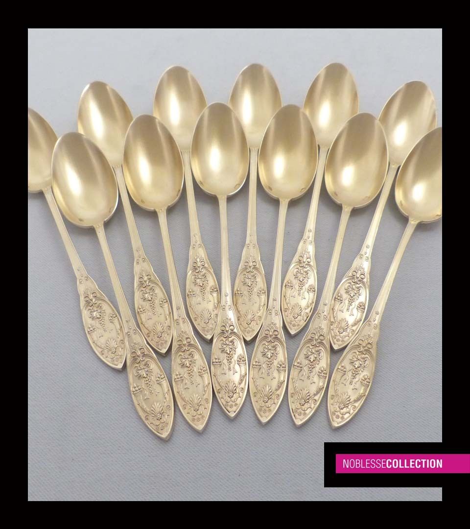 ANTIQUE 1880s FRENCH STERLING SILVER 18k GOLD VERMEIL COFFEE SPOONS SET 12 pc