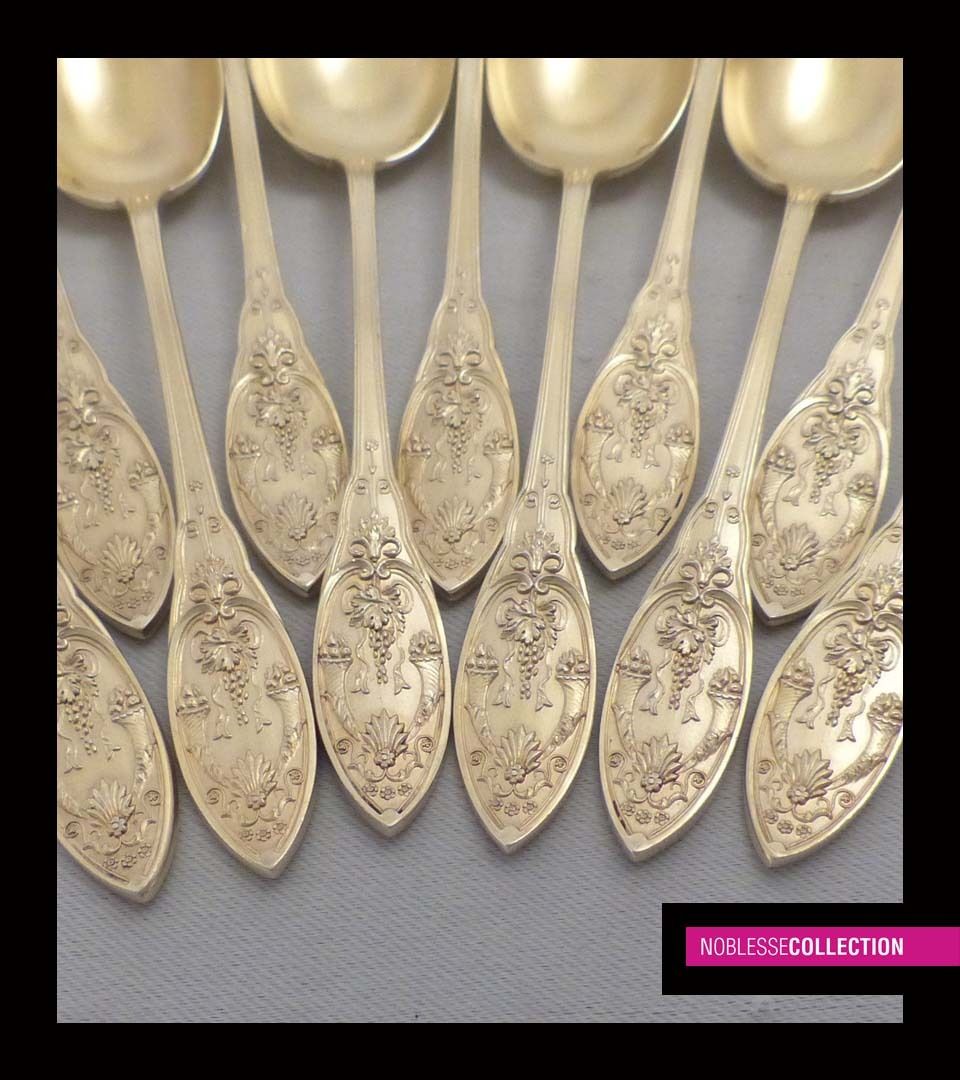 ANTIQUE 1880s FRENCH STERLING SILVER 18k GOLD VERMEIL COFFEE SPOONS SET 12 pc