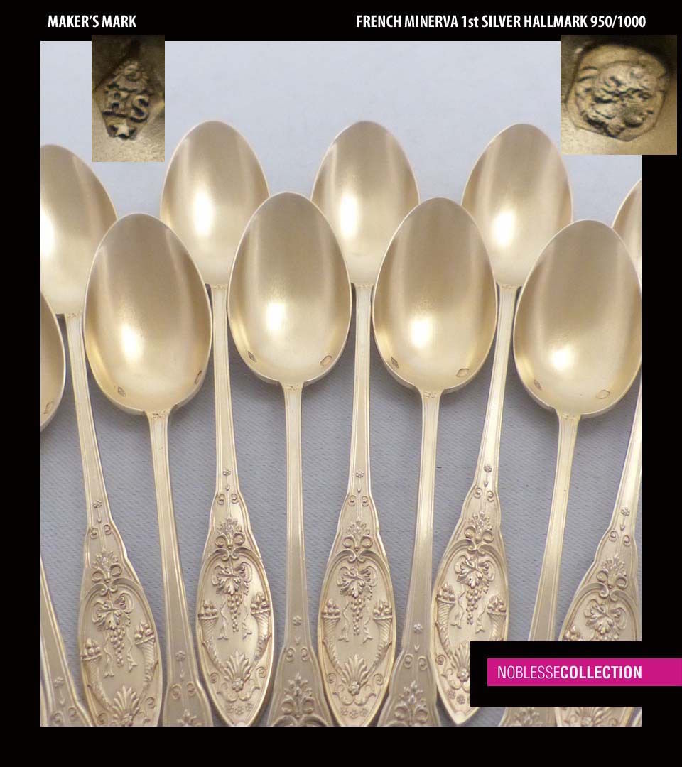 ANTIQUE 1880s FRENCH STERLING SILVER 18k GOLD VERMEIL COFFEE SPOONS SET 12 pc