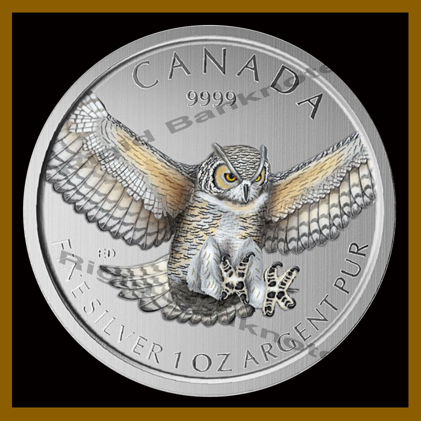 Canada $5 Dollars Silver Coin, 1 oz 2015 Horned Owl Colorized (Bird of Prey)