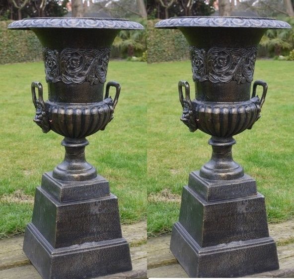 A PAIR OF VICTORIAN STYLED ANTIQUE CAST IRON GARDEN URN EXCELLENT QUALITY