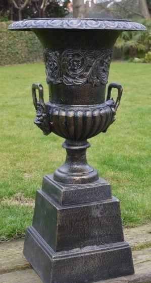 A PAIR OF VICTORIAN STYLED ANTIQUE CAST IRON GARDEN URN EXCELLENT QUALITY