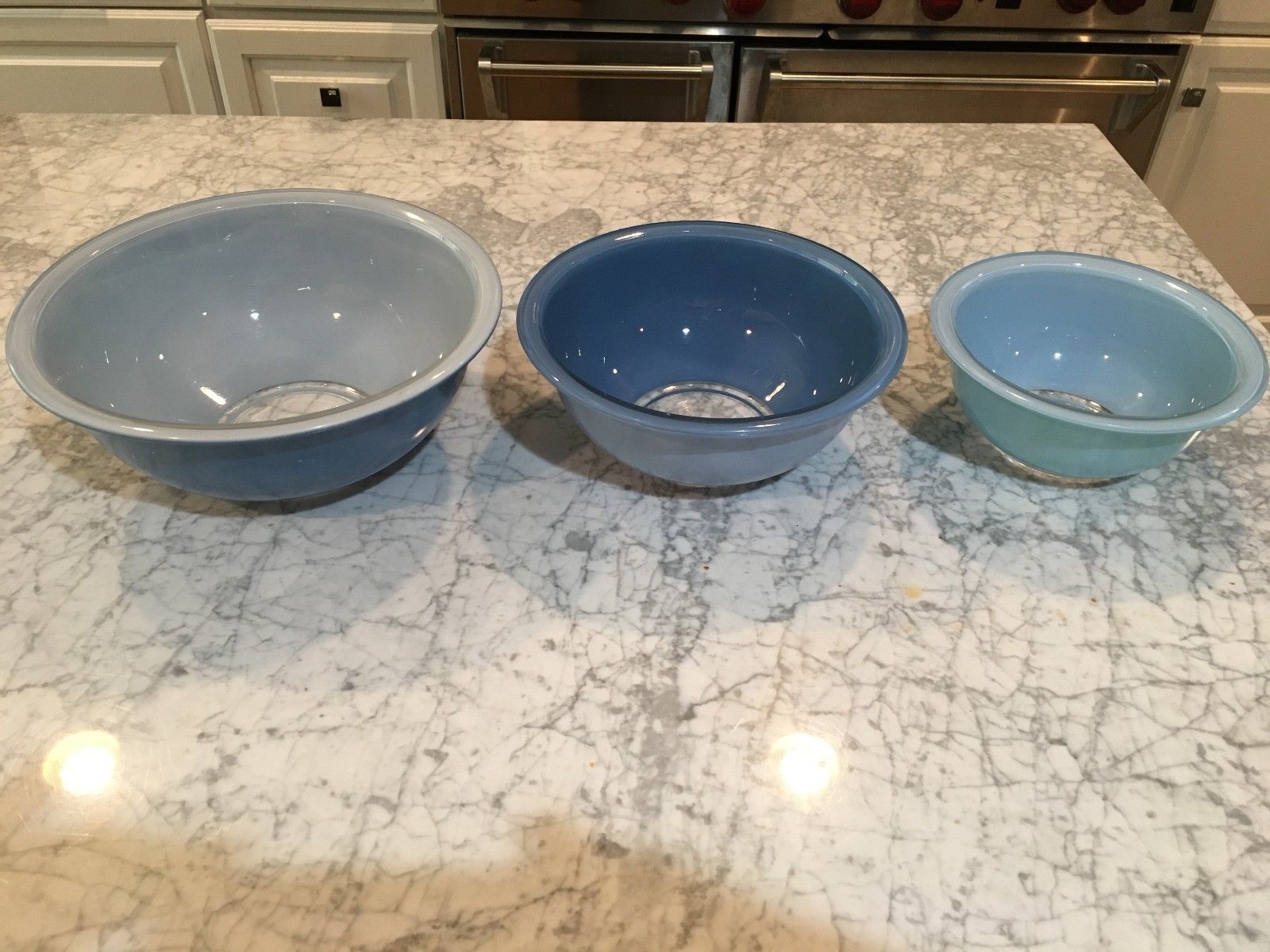 Pyrex Vintage Blue Glass-Bottom Nesting Mixing Bowls Set of 3