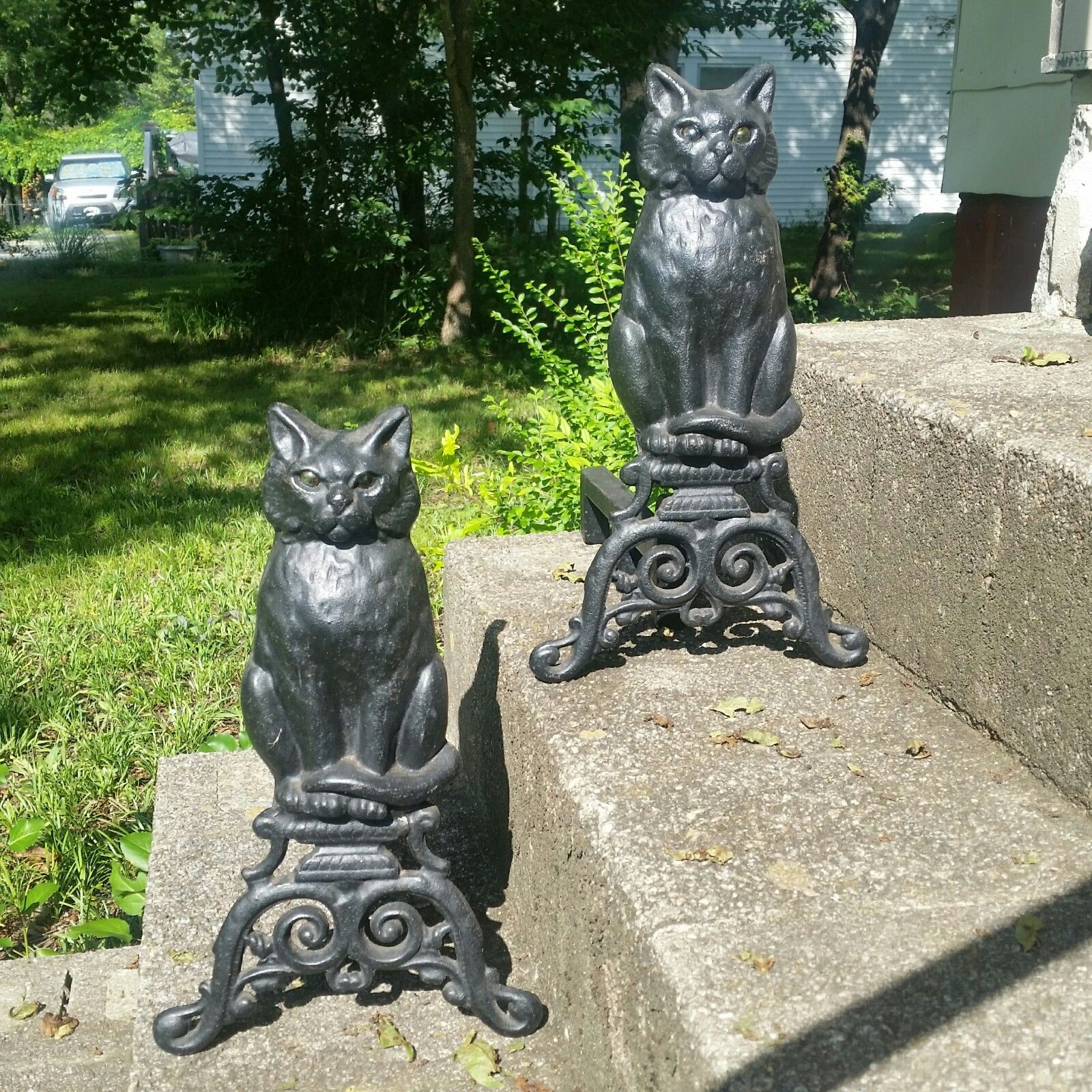 Antique 17" Black Cats Cast Iron Vintage Fireplace Andirons Glass Marble Eyes